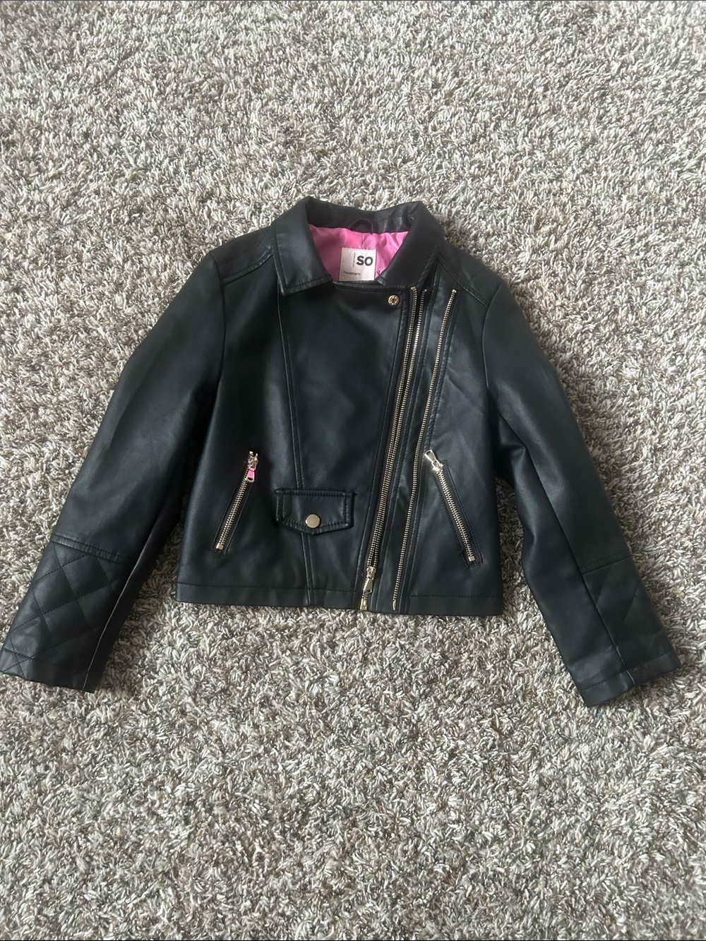 SO Girls' Black Faux Leather Moto Jacket with Pink Lining